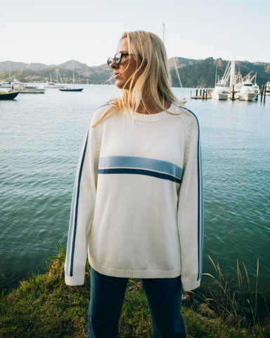 Woman wearing White Lines Long Sleeve Crew Neck Knit in White