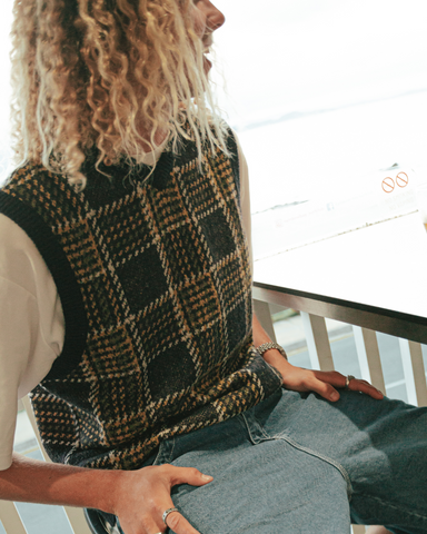 Man wearing Hairy Mclary Knit Vest in Navy Blue 2