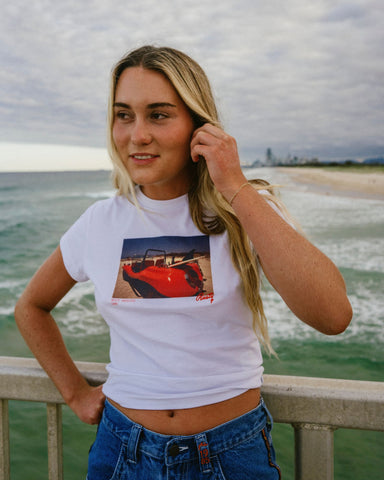 Woman wearing Road Trip Short Sleeve Skimmer Tee in White