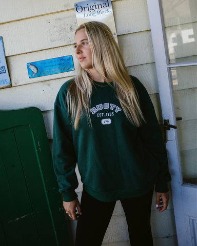 Woman wearing College Dropout Oversized Crew Fleece in Green