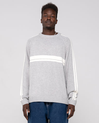 Man wearing White Lines 2.0 Knitted Crew in Grey Marle