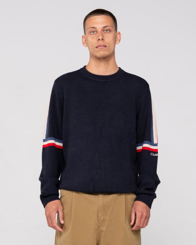 Man wearing Moritz Knitted Crew in Navy Blue