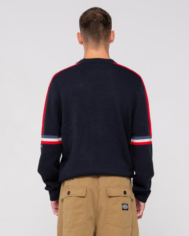 Man wearing Moritz Knitted Crew in Navy Blue