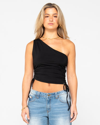 Woman wearing Lani One Shoulder Rouched Top in Black