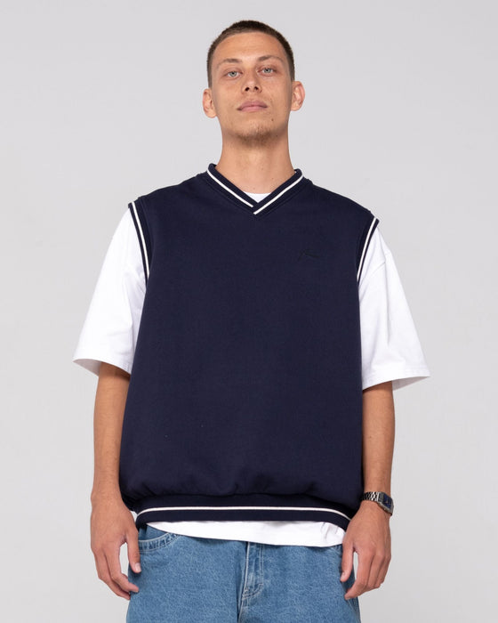 man-wearing-drop-top-v-neck-fleece-vest-in-navy-blue