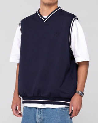 Man wearing Drop Top V Neck Fleece Vest in Navy Blue