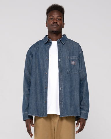 Man wearing Vallejo Denim Long Sleeve Shirt in Indigo