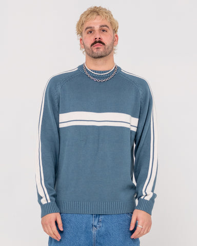 Man wearing White Lines 2.0 Knitted Crew in Atlantic Blue