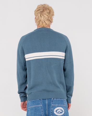 Man wearing White Lines 2.0 Knitted Crew in Atlantic Blue