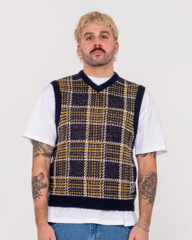 Man wearing Hairy Mclary Knit Vest in Navy Blue 2