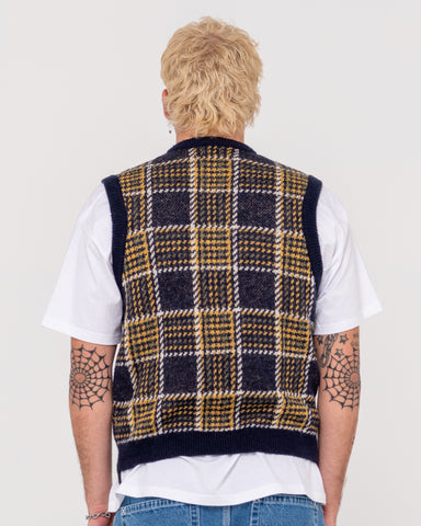 Man wearing Hairy Mclary Knit Vest in Navy Blue 2