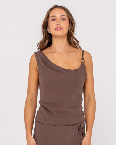 Woman wearing Milos Asymmetric Cowl Neck Top in Pinecone