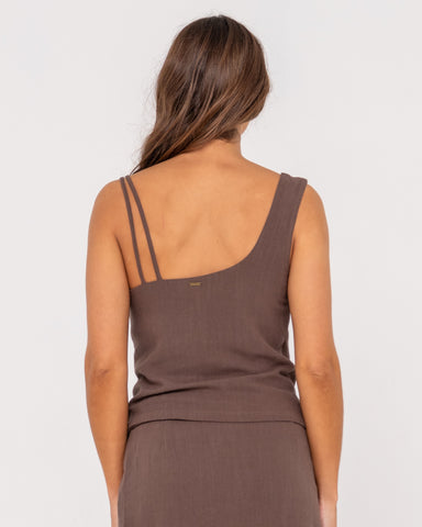 Woman wearing Milos Asymmetric Cowl Neck Top in Pinecone