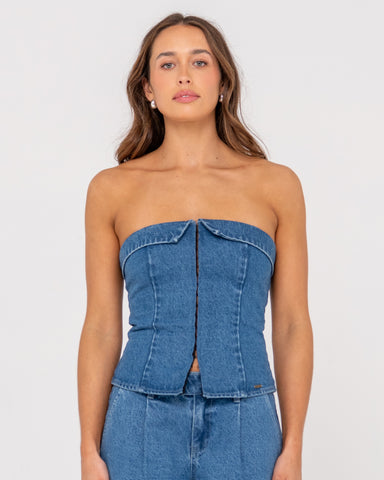 Woman wearing Santorini Denim Bustier in Middy Blue