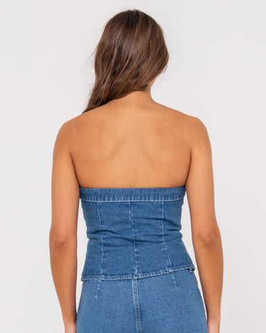 Woman wearing Santorini Denim Bustier in Middy Blue