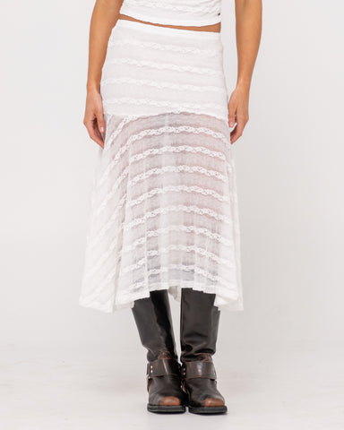 Woman wearing Athens Low Rise Lace Maxi Skirt in White