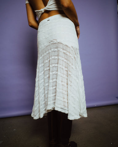 Woman wearing Athens Low Rise Lace Maxi Skirt in White