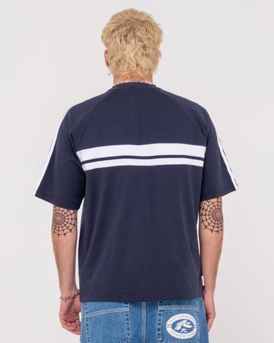 Man wearing White Lines Short Sleeve Tee in Navy Blue 2