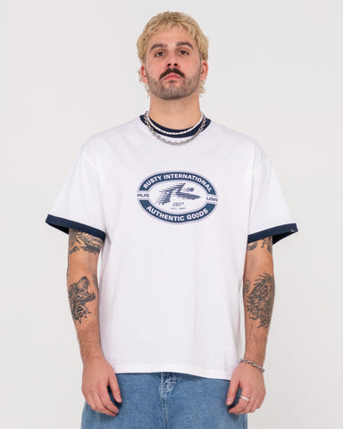 Man wearing Rush Hour Short Sleeve Ringer Tee in White