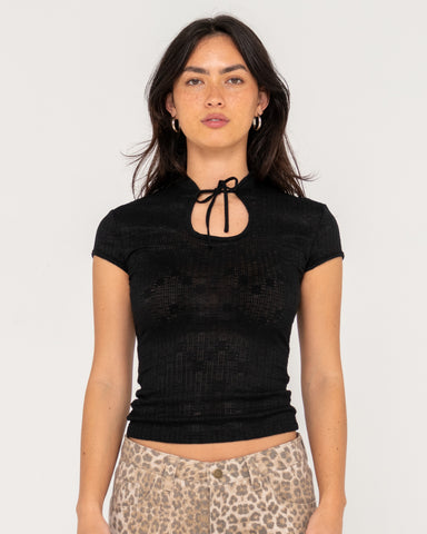 Woman wearing 2am White Lace Skimmer Top in Black