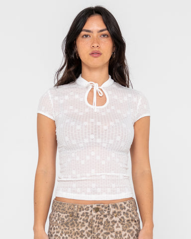 Woman wearing 2am White Lace Skimmer Top in White