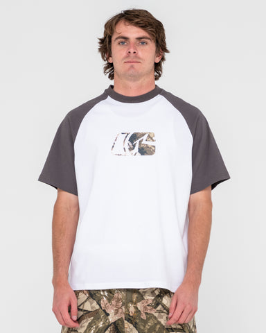 Man wearing Rambo Raglan Short Sleeve Tee in White