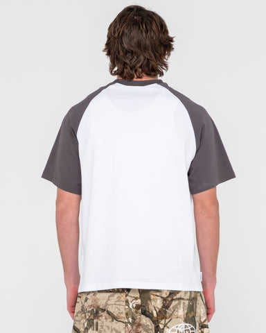 Man wearing Rambo Raglan Short Sleeve Tee in White