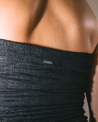 Woman wearing Bloomed Lace Mini Dress in Black