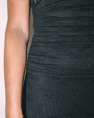 Woman wearing Bloomed Lace Mini Dress in Black