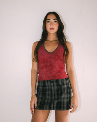 Woman wearing Plaidnani Low Rise Mini Skirt in Carbon Plaid