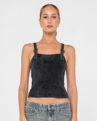 Woman wearing Roxanne Buckle Cami Top in Washed Black