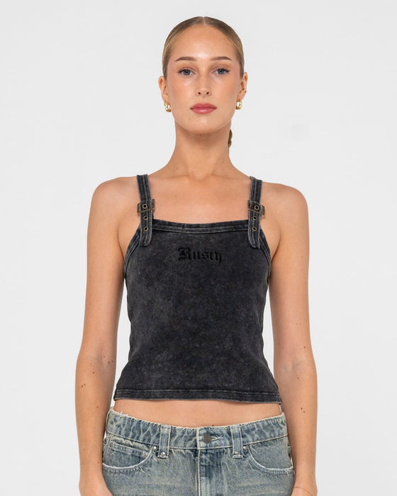 woman-wearing-roxanne-buckle-cami-top-in-washed-black