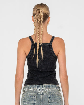 Woman wearing Roxanne Buckle Cami Top in Washed Black