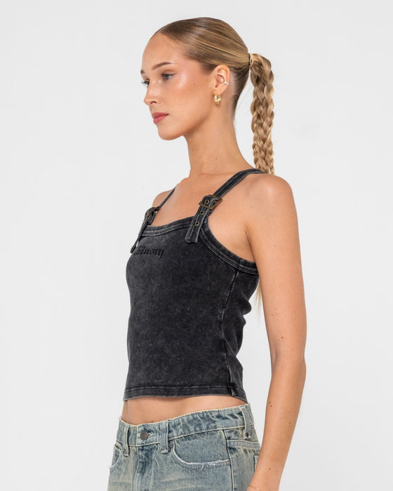 woman-wearing-roxanne-buckle-cami-top-in-washed-black
