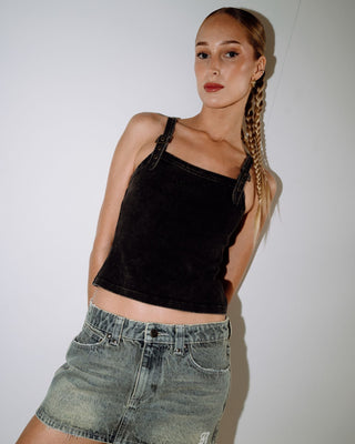 Woman wearing Roxanne Buckle Cami Top in Washed Black