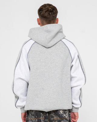 Man wearing Paneka Hooded Fleece in Grey Marle