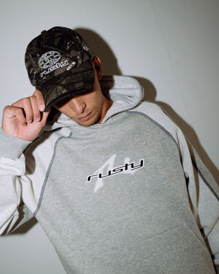 Man wearing Paneka Hooded Fleece in Grey Marle