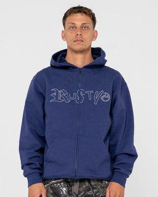 Man wearing Ransom Zip Thru Hooded Fleece in Dark Blue