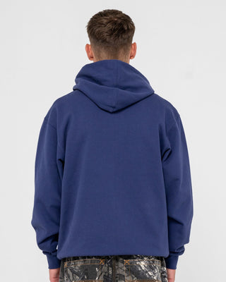 Man wearing Ransom Zip Thru Hooded Fleece in Dark Blue