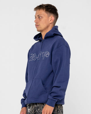 Man wearing Ransom Zip Thru Hooded Fleece in Dark Blue