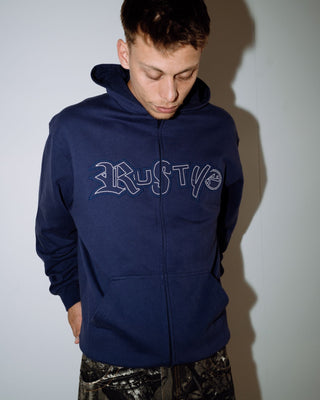 Man wearing Ransom Zip Thru Hooded Fleece in Dark Blue