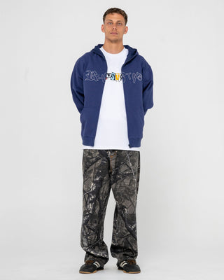 Man wearing Ransom Zip Thru Hooded Fleece in Dark Blue