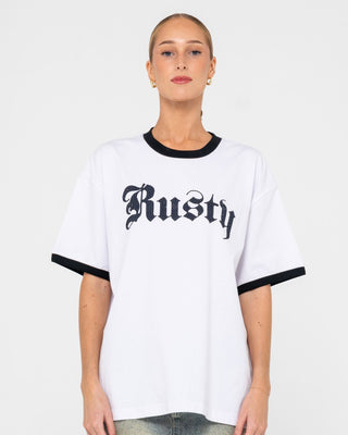 Woman wearing Bedazzled Rusty Ringer Oversize Tee in White