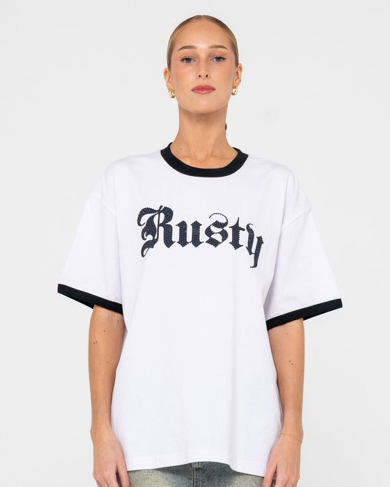 woman-wearing-bedazzled-rusty-ringer-oversize-tee-in-white