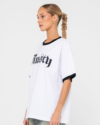 Woman wearing Bedazzled Rusty Ringer Oversize Tee in White