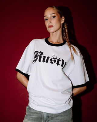 Woman wearing Bedazzled Rusty Ringer Oversize Tee in White
