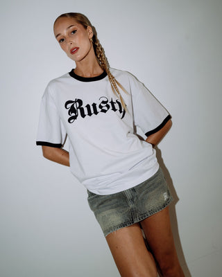 Woman wearing Bedazzled Rusty Ringer Oversize Tee in White