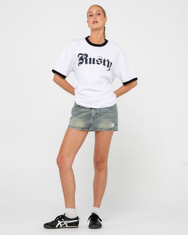 Woman wearing Bedazzled Rusty Ringer Oversize Tee in White