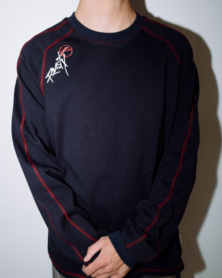 Man wearing Kurupt Long Sleeve Heavy Tee in Navy Blue