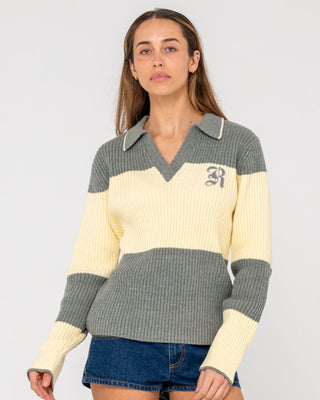 Woman wearing Try Me Knitted Rugby Top in Yellow / Grey